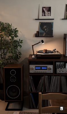 a record player sitting on top of a wooden shelf next to a plant and stereo equipment