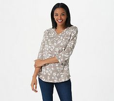 When you need a fashion pick-me-up, this printed top by Denim & Co. answers the call, with a pretty, floral-inspired design and a flattering curved hemline. From Denim & Co.(R) Fashions. Spring 3/4 Sleeve Tops For Casual Gatherings, 3/4 Sleeve Tops For Spring Casual Gatherings, 3/4 Sleeve Tops For Casual Spring Gatherings, Spring Tops For Casual Gatherings With 3/4 Sleeves, Spring Casual Gatherings Tops With 3/4 Sleeves, Feminine Floral Print Tops With 3/4 Sleeve, Stretch Floral Print V-neck Top, Floral Print Rayon V-neck Top, Casual V-neck Butterfly Print Tops