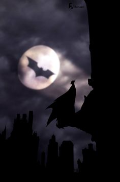 a bat flying in front of a full moon with the city skyline silhouetted against it