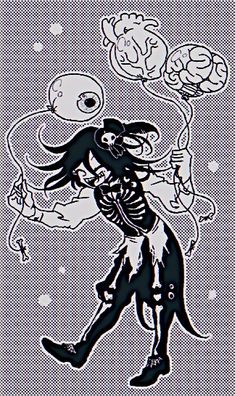 a black and white drawing of a person with a cat on his back, holding a balloon