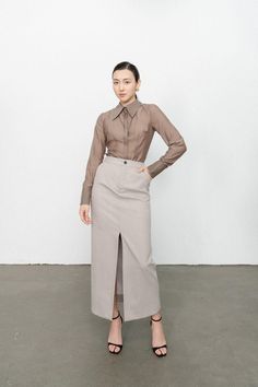 Tracy Straight Cuff Sleeved Silk Organza Shirt - MEAN BLVD Minimalist Skirt, Khaki Coat, Neutral Outfits, Organza Shirt, Bow Tie Dress, Mean Blvd, Cropped Camisole, Khaki Jacket, Chiffon Midi Dress