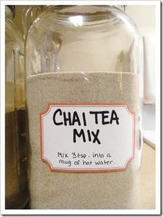 there is a glass jar with a label on it that says chai tea mix