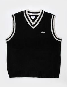 Obey Alden Sweater Vest. Obey Embroidery At Left Chest. V-Neck. Contrast Color Openings With Stripe Details. Ribbed Openings And Hem. 80% Acrylic 20% Wool. Hand Wash. Imported. Casual V-neck Embroidered Sweater, V-neck Tops For College In Winter, Embroidered V-neck Top For Workwear, Fall College V-neck Tops, Fall V-neck Tops For College, Mens Sweater Vest, V Neck Sweater Vest, Wwe T Shirts, Flannel Sweatshirt