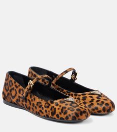 Leopard-print calf hair Mary Jane flats in brown - Prada | Mytheresa Pop Shoes, Leather Mary Jane Flats, Minimal Shoes, Mid Heels Pumps, Mid Heel Sandals, Summer Sneakers, Designer Pumps, Kitten Heel Pumps, Ankle Boots Flat