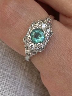 Antique Emerald, Diamond And Platinum Ring. Size 4 3/4. See appraisal certificate for details USPS First Class Package. Edwardian Ring, Antique Jewelry Rings, Ring Pictures, Platinum Ring, Wire Work, Emerald Diamond, Vintage Diamond, First Class, Vintage Watches