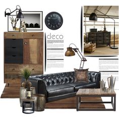 a living room with black leather couches and wood accents on the walls, an industrial style coffee table