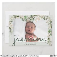 a baby's birth announcement card with the words, i love you in green and white