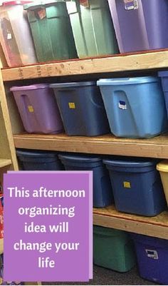 there are many bins on the shelves in this store that says, this afternoon organizing idea will change your life