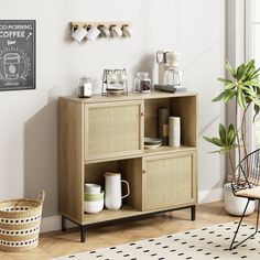 a shelf with coffee cups and mugs on it next to a potted plant