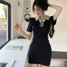 44605189030110|44605189062878|44605189095646|44605189128414 Bodycon Tshirt Dress, Polo Collar Dress, Korean Preppy, Korean Style Outfit, Y2k Mini Dress, Black Collared Dress, Streetwear Korean, Dresses Dinner Party, Dresses Dinner