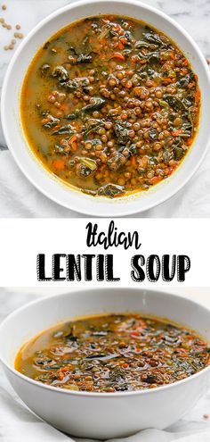 lentil soup in a white bowl on a marble countertop with the words italian lentil soup above it