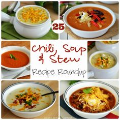 different soups and stews are shown in this collage