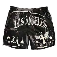 Nwt (New With Tags), Never Worn. Men’s Los Angeles La Shorts With A Graphic Of A Cross With Wings And A Halo With Stars Next To It. Color Is Black With White Lettering And Gray In The Pattern. Athletic Drawstring Shorts. Has The Texture Of Swim Trunks: Materials: 100% Polyester Size: Men’s Xl Brand: Romwe Lay Flat Full Waist Measurement: 35” (Adjustable) Lay Flat Shorts Inseam Measurement: 7” Lay Flat Shorts Length Measurement: 19” Condition: New With Tags - Excellent Relaxed Fit Black Letter Print Shorts, Black Relaxed Fit Shorts With Letter Print, Black Sports Shorts With Graphic Print, Black Graphic Print Sports Shorts, Cross With Wings, Streetwear Shorts, Length Measurement, Fame Dr, Waist Measurement