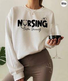 Personalized Nursing School Sweatshirt, Custom Nursing Shirt, Custom Nurse Gifts, Nurse Life Shirt, Nurse Graduation Gift, DP6084 H O W  TO  O R D E R 1️⃣Please, check and review all the photos. 2️⃣ Choose your T-shirt size and color. 🔵Different styles of shirts may have different shades of same color choice due to different manufacturer brands. 🔵For this reason, we recommend you to match shirts from the same styles if you want precisely matching colors (ex. Unisex, V-necks, Toddler, etc.). 3️ Student Nurse Shirts, Nursing School Shirts Student, Lpn Nurse, Nursing Student Shirts, Nurse School, Nursing School Shirts, Nursing Schools, Nursing Shirt, V Neck Shirts