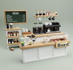 a counter that has some items on it and is next to a sign with the name roast