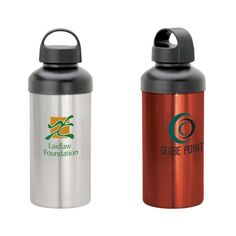 two stainless steel water bottles, one red and the other silver with an orange logo