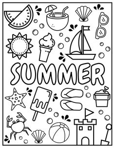 a coloring page with the words summer in black and white, surrounded by various items