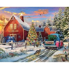 a painting of a farm scene with a truck and christmas tree in the foreground