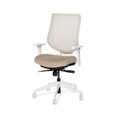 an office chair with wheels on the back and seat upholstered to the side