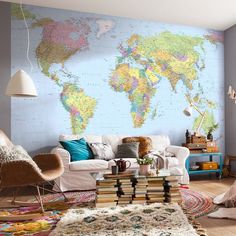 an image of a living room with a map on the wall and furniture in it