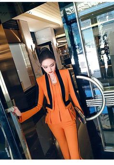 VJE spring stand-up collar fake two-piece jacket coat wide leg flared pants suit - Olia Fall Tuxedo Pantsuit With Long Sleeves, Two-piece Sets For Workwear In Fall, Notch Lapel Tuxedo Sets For Fall, Orange Spring Pantsuit For Workwear, Fitted Orange Pantsuit For Spring, Orange Spring Pantsuit For Work, Fall Tuxedo Set With Notch Lapel, Spring Orange Fitted Pantsuit, Tailored Tuxedo Set For Fall