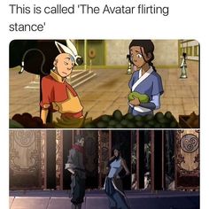 an image of cartoon characters with caption that reads, this is called the avatar fitting stance