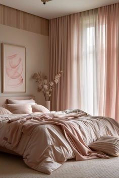 a large bed sitting in a bedroom next to a window with pink drapes on it