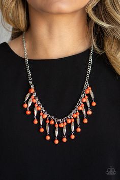 A collection of orange stone beads and shimmery silver accents cascade from the bottom of a shimmery silver chain, creating an earthy fringe below the collar. Features an adjustable clasp closure. Orange Necklace, Orange Stone, Fringe Necklace, Paparazzi Accessories, Paparazzi Jewelry, Silver Accents, Dainty Jewelry, Necklace Earring Set, Matching Earrings