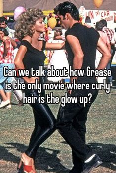 a man and woman walking in front of a crowd with the words can we talk about how grease is the only movie where curly