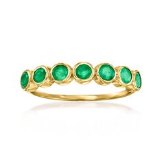 Ross-Simons - .40 ct. t. w. Bezel-Set Emerald Ring in 14kt Yellow Gold. Size 8. RS Pure. Modern designs that complete your outfit and complement your personality. Solo or stacked, this dainty ring delivers just-right gemstone color. Featuring .40 ct. t. w. round emeralds in sleek bezel settings on a simple band of 14kt yellow gold. 1/8" wide. Emerald ring. Emerald birthstones are the perfect gift for May birthdays. Grad Rings, Italian Gold Jewelry, Diamond Ring Cuts, Emerald Band, Aw 23, Mixed Metal Rings, Celery Green, Pear Shaped Ring, Emerald Birthstone