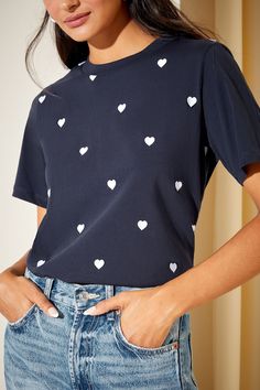 Navy Blue Shirt, Heart Embroidery, Embroidered Tshirt, Navy Blue Color, Brunch Recipes, For Friends