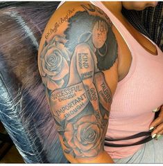 a woman with a rose tattoo on her arm