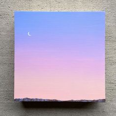 an acrylic painting of a pink sky with a half moon in the distance