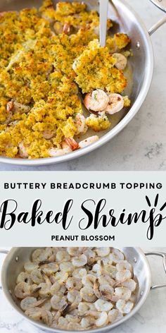 baked shrimp with buttery breadcrumb toppings in a baking pan and on the side