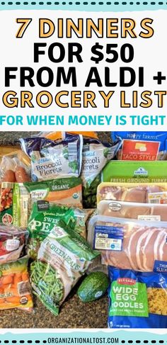 grocery list with text that reads 7 dinners for $ 50 from aldi and grocery list for when money is tight