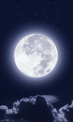 the full moon is shining brightly in the night sky with clouds and stars around it