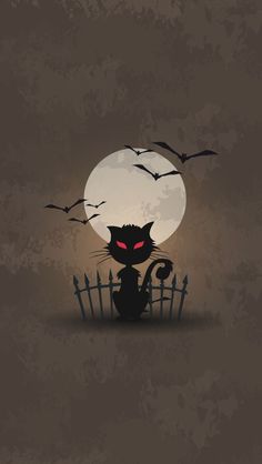 a black cat sitting in front of a full moon with bats flying over the fence