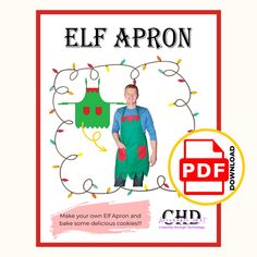 a man in green overalls standing next to a red and white sign that says elf apron