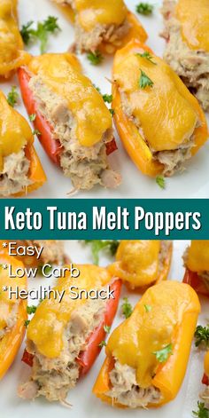 keto tuna melt poppers on a white plate with text overlay that reads easy low carb healthy snack