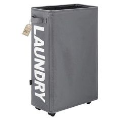 a gray laundry hamper with the word laundry printed on it's front and side