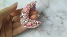 Beaded Brooch Pink Moon Brooch Pin Moon Crystal Pin Jewerly - Etsy Ukraine Pink Beaded Brooches For Party, Pink Beaded Party Brooches, Handmade Pink Brooches For Party, Handmade Pink Party Brooches, Elegant Handmade Pink Brooches, Sailor Moon Brooch, Moon Brooch, Hijab Pins, Moon Crystal