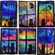 four different pictures of cats sitting in front of a window with the moon and stars painted on them