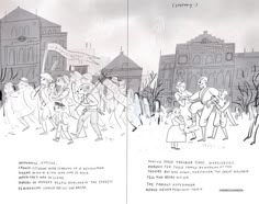 an open book with black and white illustrations of people dancing in the snow on a city street