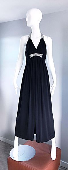 For Sale on 1stDibs - Stunning 1970s VICTORIA ROYAL black jersey evening dress! Grecian shilouette, with pleating at the bodice and waist. Hundreds of hand-sewn rhinestones Jersey Evening Dress, Halter Gown, 1970s, Bodice, Evening Dresses, Cocktail Dress, Formal Dresses, Black, Clothes