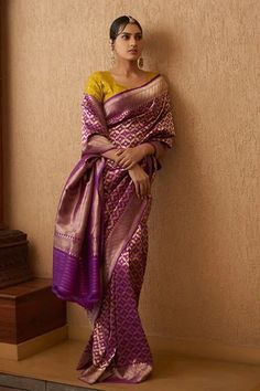 Deep purple pure katan silk handloom banarasi saree in paisley motifs.
Component: 1
Pattern: Handwoven
Type Of Work: Paisley
Fabric: Pure Katan Silk
Color: Purple
Other Details: 
Weight (in gms) approx. : 900
Note: Blouse worn by the model is not for sale
Occasion: Wedding
Disclaimer: Please note the saree is handcrafted. Slight variation in weave, motifs, texture, and colour are a part and parcel of handcrafted products and lend character and uniqueness to them. - Aza Fashions Luxury Handloom Dola Silk Traditional Wear, Luxury Traditional Floor-length Saree, Cheap Bollywood Style Banarasi Silk Saree, Luxury Floor-length Banarasi Silk Sets, Affordable Bollywood Handloom Sets, Cheap Bollywood Banarasi Silk Saree, Luxury Bollywood Handloom Saree, Purple Benaras Sarees, Luxury Banarasi Silk Pre-draped Saree For Puja