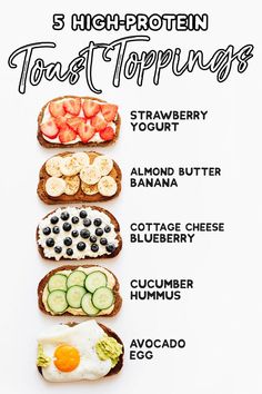 five high protein toast toppings with the words, 5 high protein toast toppings strawberry, blueberry, cucumber, avocado, and egg