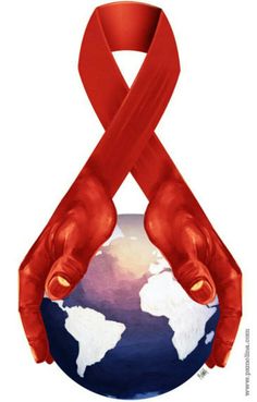 a red ribbon is wrapped around the earth as if it were being held by two hands