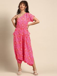 One Shoulder Bandhani Print Dhoti Jumpsuit vitansethnics