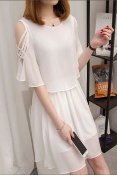 Summer Chiffon Dress Short Sleeve High Waist Off Shoulder A-Line Dress Material: Chiffon Collar: O-neck Length: Size XL measures 34.25" from shoulder to hem Pattern: Solid color Season: Summer White A-line Chiffon Dress For Spring, White Flowy Chiffon Summer Dress, White Casual Chiffon Dress For Spring, Spring White Chiffon Knee-length Dress, White Chiffon Knee-length Dress For Spring, White Knee-length Chiffon Dress For Spring, White A-line Chiffon Party Dress, White Sleeveless Chic Chiffon Dress, Chic White Sleeveless Chiffon Dress