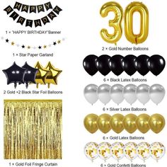 birthday decorations including balloons, streamers and gold foil fringes for the 30th birthday party